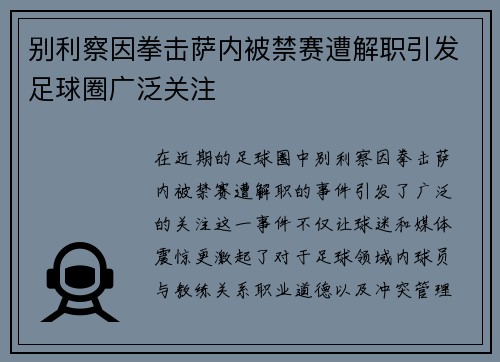 别利察因拳击萨内被禁赛遭解职引发足球圈广泛关注