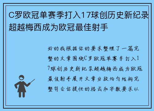 C罗欧冠单赛季打入17球创历史新纪录超越梅西成为欧冠最佳射手